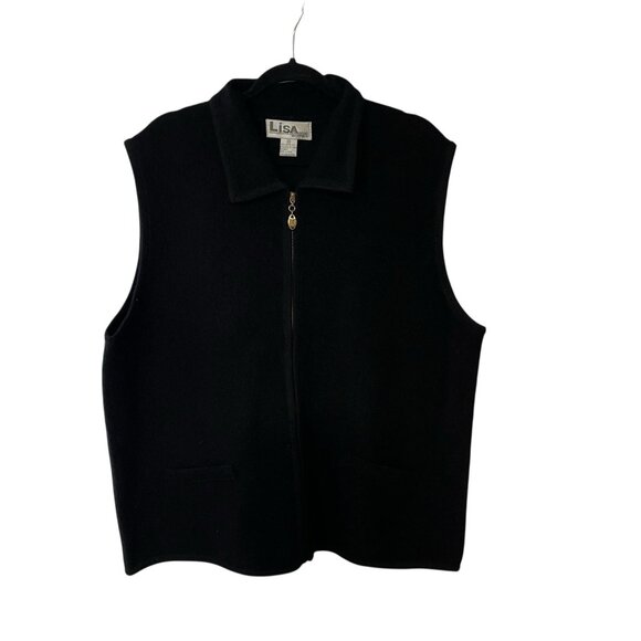 VTG Lisa International Women's Vest  Boiled Wool Black Full Zip 90s Classic 2X - Picture 1 of 8